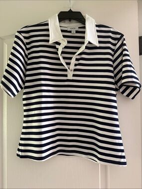 CeCe Black and White Striped Polo Top